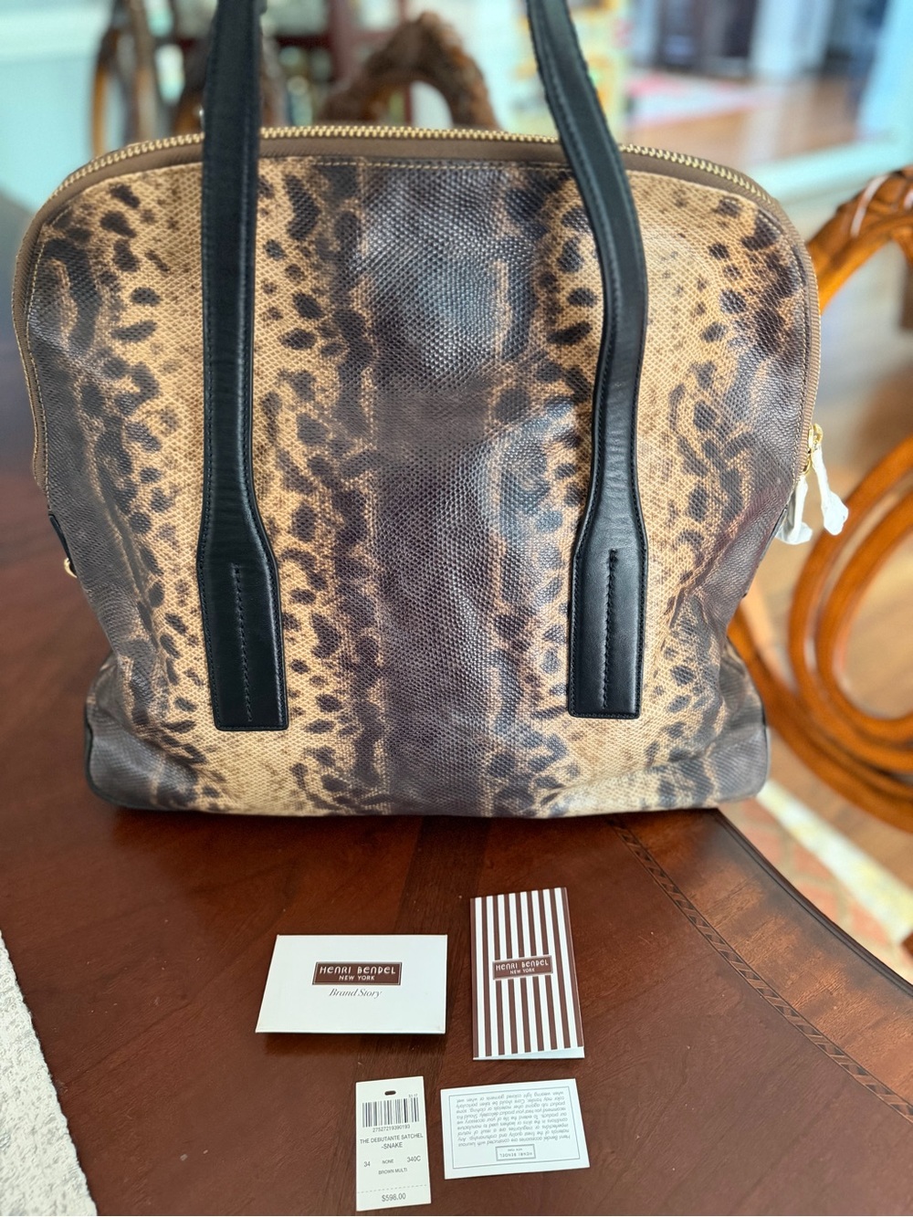 NWT Henri Bendel Debutant Snake Pattern Satchel Brown Multi Gold Hardware - Picture 2 of 11